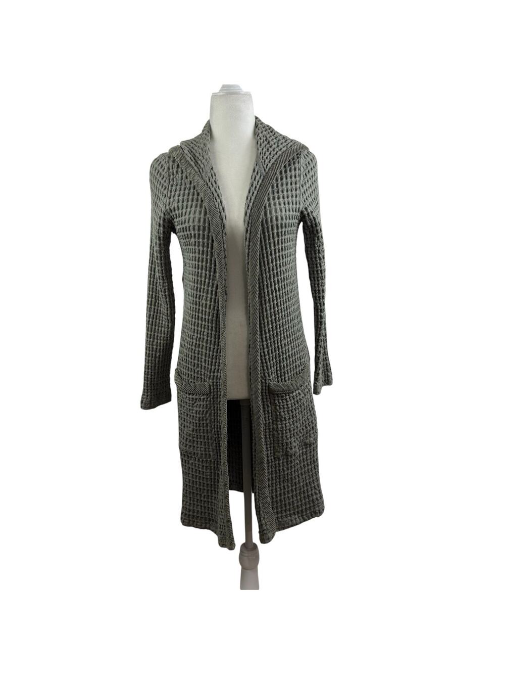 Green Waffle Knit Mod-o-Doc Hoodie Cardigan Sweater Coat XS Pockets 100% Cotton